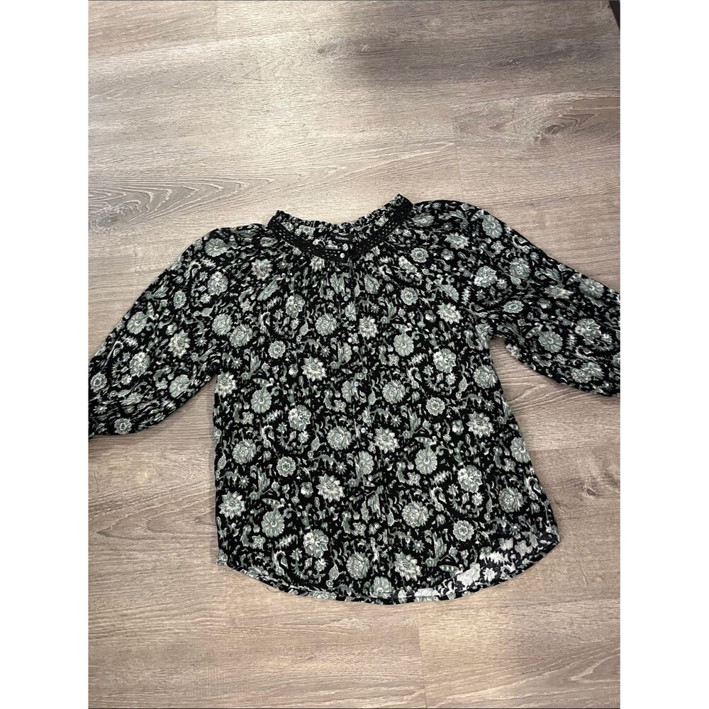 bobeau Women’s Black Floral Cottagecore Smocked Blouse 3/4 sleeves Size M